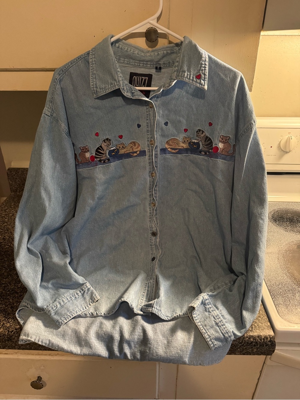 Vintage Quizz New York Plus Embroidered Cats Denim Button-Up Shirt Sz 24 Y2K